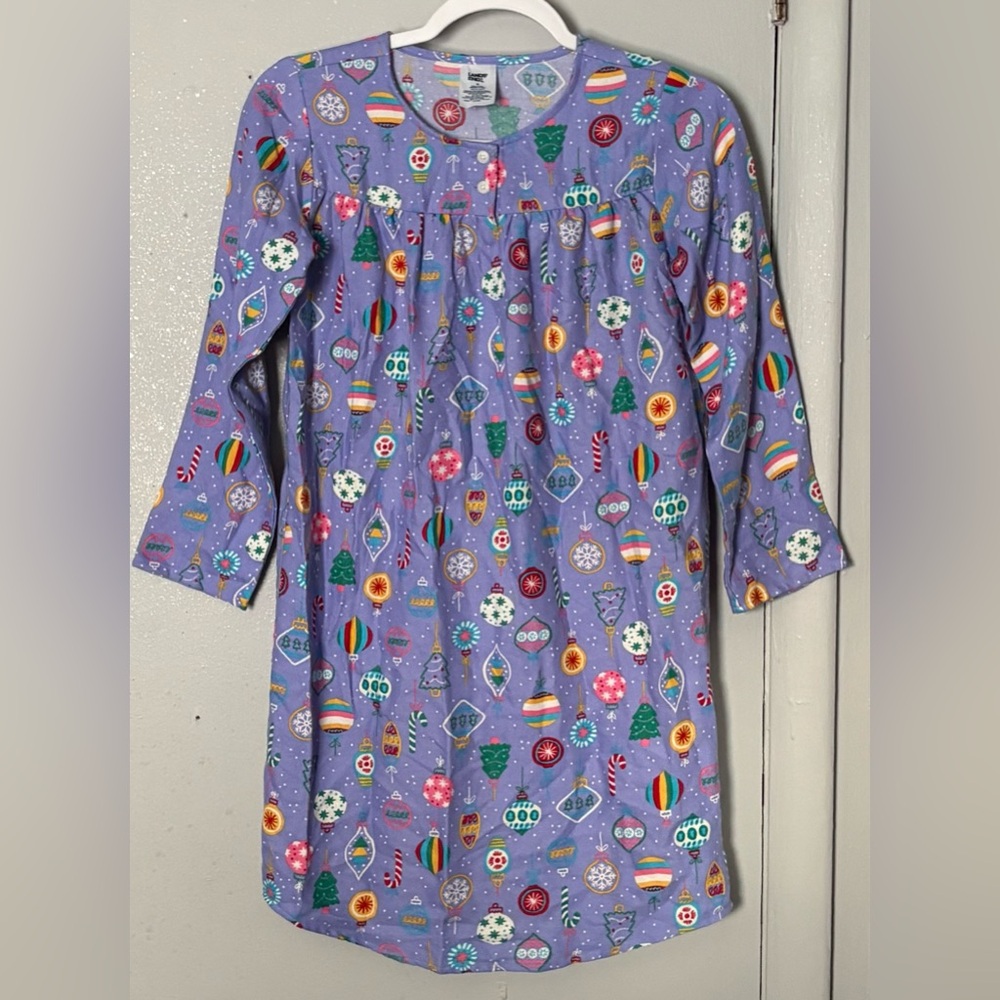 Lands End Pajamas Purple Christmas Ornament Print Long Sleeve Nightgown 10